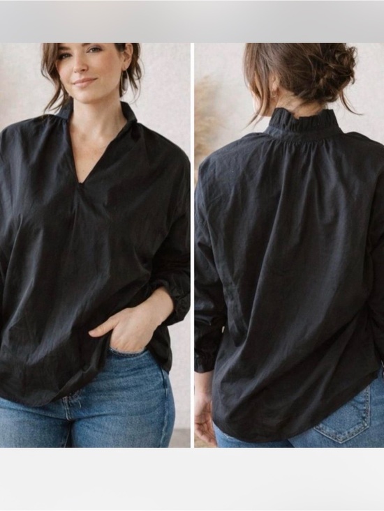 A Shirt Thing Tops - A Shirt Thing Penelope Top M/L Ruffle V Neck Long Sleeve Black Minimalist Classy